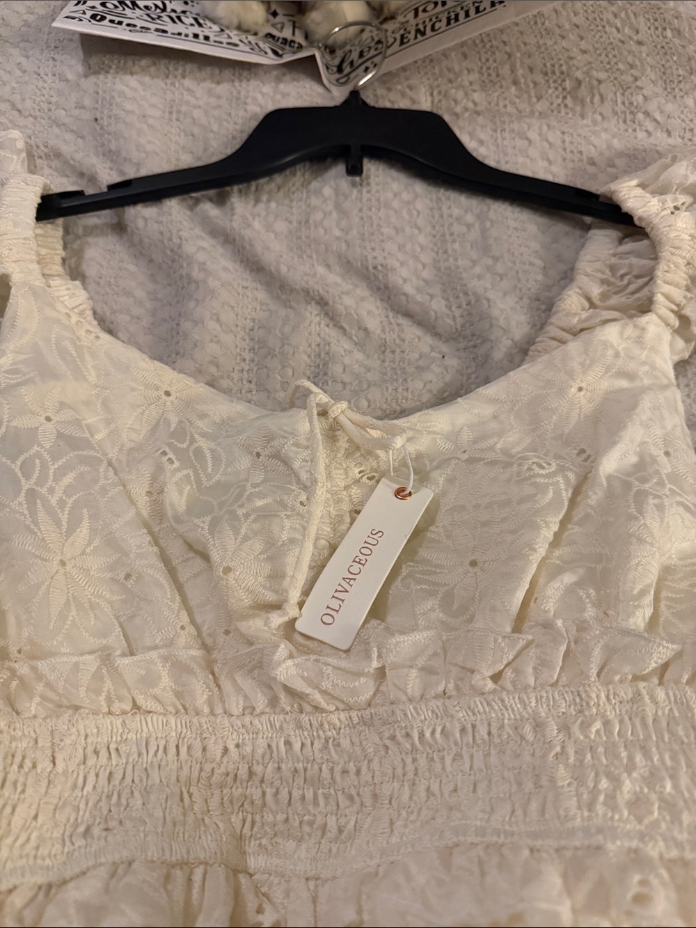 Olivaceous Ivory Floral Lace Midi Dress with Smocked Waist